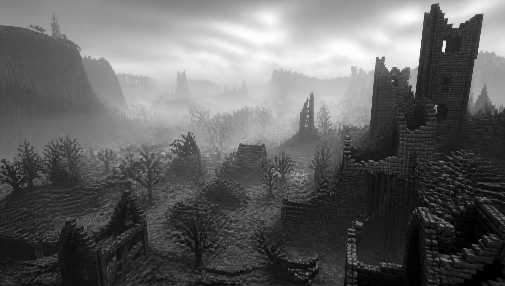 Black and white Minecraft world of ruined castles, ash forest and fog